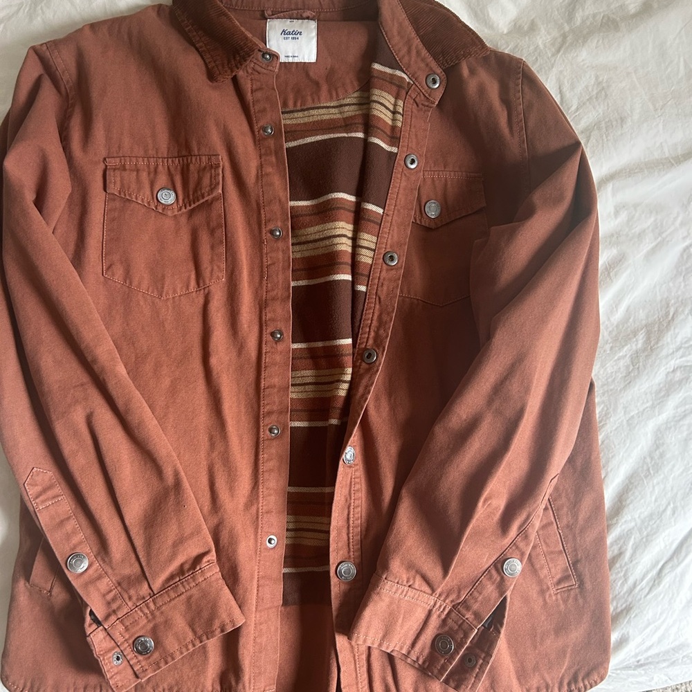 Katin Rust Orange Canvas Button-Down Shirt Jacket with Striped Knit Liner